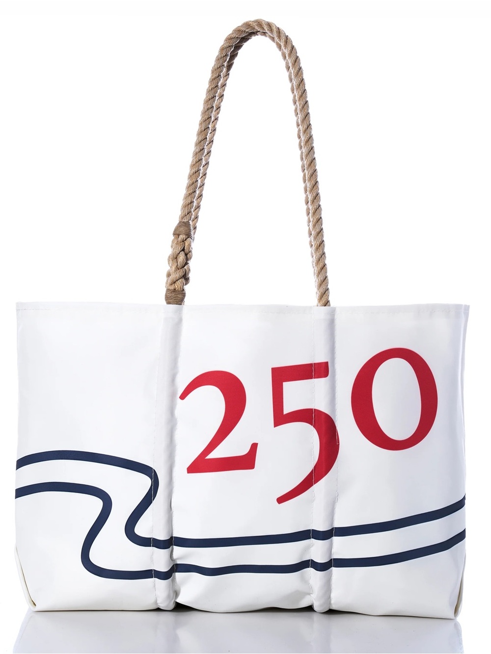 White Tote Bag with Red '250' Print and Navy Wave Accent